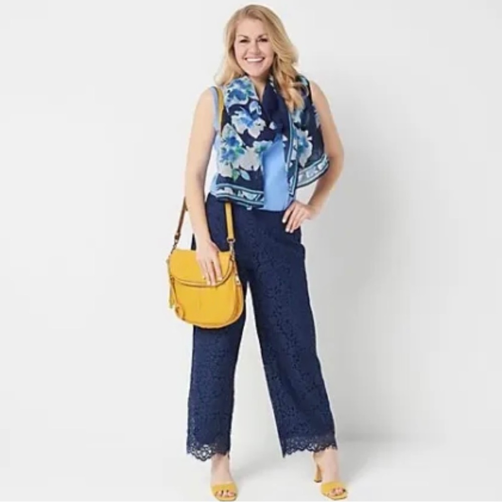 Isaac Mizrahi Live Lace Pants Womens XXST Navy Blue Wide Leg Scalloped Hem